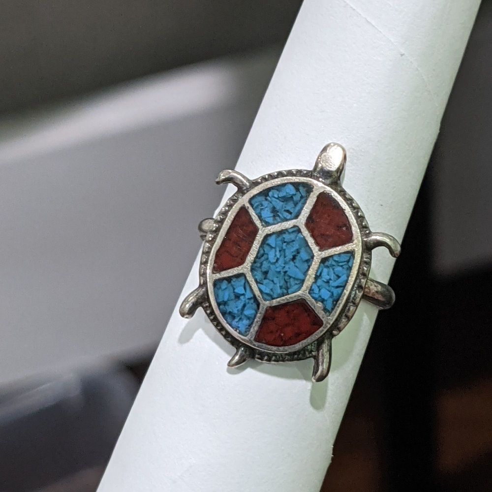 Sterling silver 925 turquoise coral turtle ring